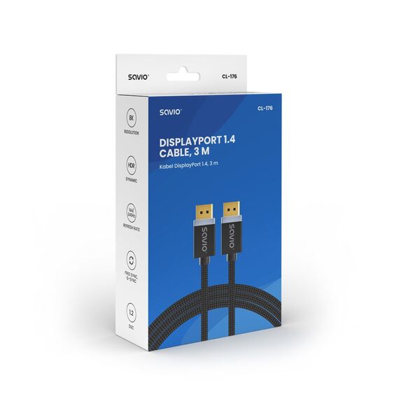 SAVIO DISPLAYPORT (M) - DISPLAYPORT (M) CABLE, V1.4, 3 m, CL-176 - Monitor Cables - Cables & Adapters - Techbox