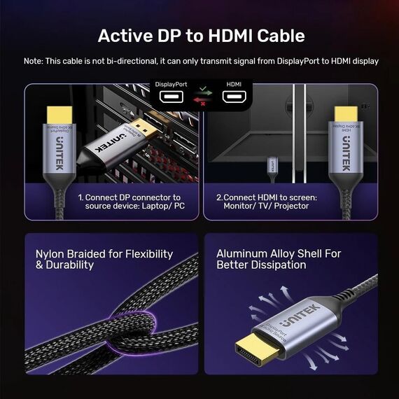 UNITEK CABLE DISPLAYPORT 1.4 TO HDMI 2.1, 8K, 1.8M - Monitor Cables - Cables & Adapters - Techbox