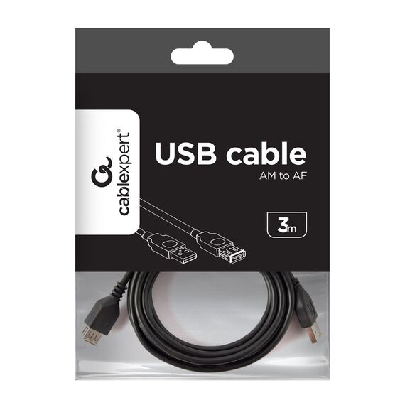 Gembird 3m USB 2.0 A M/FM USB cable USB A Black - USB Cables - Cables & Adapters - Techbox