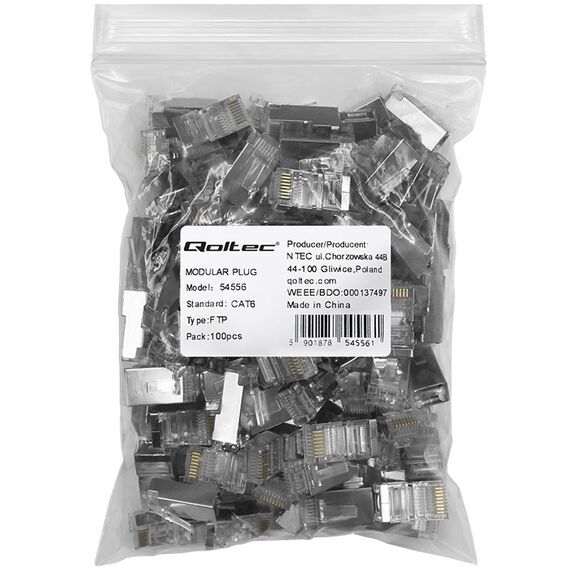 Qoltec 54556 RJ45 modular connector | CAT6 | FTP |Gold-plated contacts | 100 pieces - Adaptors & Plugs - Cables & Adapters - Techbox