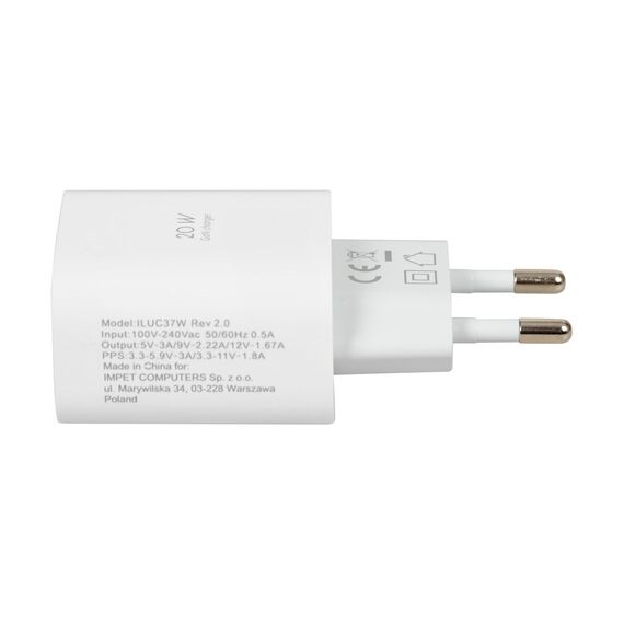 Wall charger iBOX C-37 GaN PD20W, white - Travel Chargers - Smartphone Chargers - Techbox