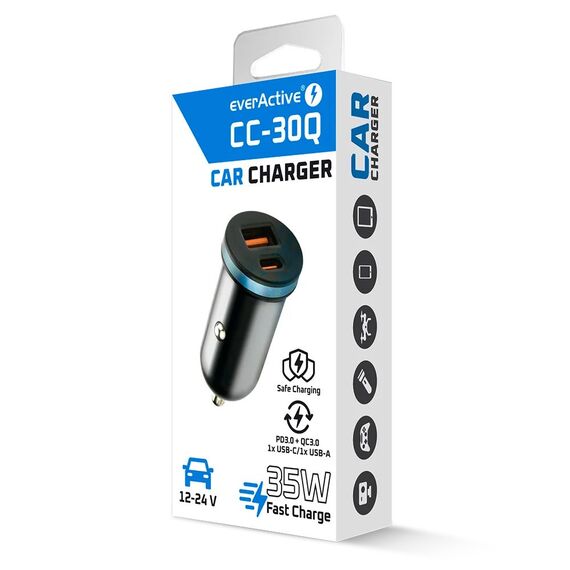 Car charger everActive CC-30Q USB + USB-C QC 3.0 PD 35W - Travel Chargers - Smartphone Chargers - Techbox