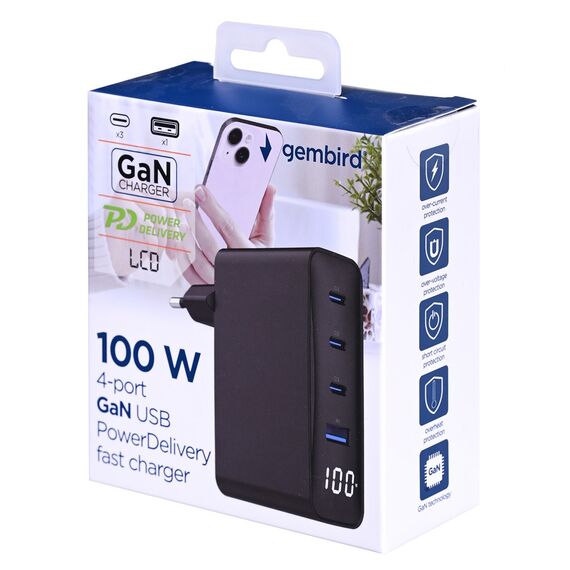 Gembird TA-UC-PDQC100LCD-01-BK mobile device charger Laptop, Smartphone Black AC Fast charging Indoor | Techbox