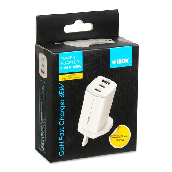 iBOX C-65 White, GaN 65W universal charger UK plug - Travel Chargers - Smartphone Chargers - Techbox