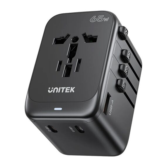 Power charger - Unitek 65W Universal Travel Adapter (P1122ABK01) | 1xUSB-A 3xUSB-C 1xAC | Techbox