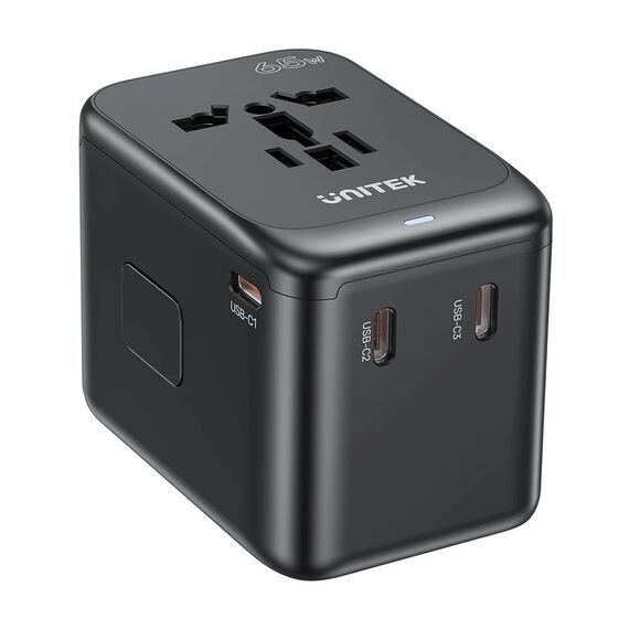 Power charger - Unitek 65W Universal Travel Adapter (P1122ABK01) | 1xUSB-A 3xUSB-C 1xAC | Techbox