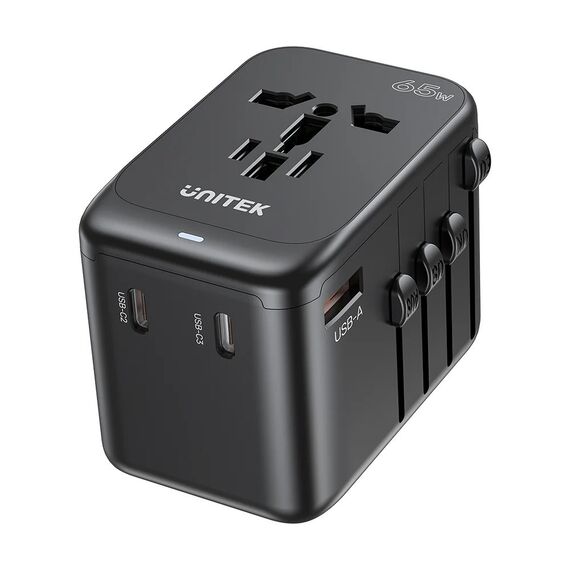 Power charger - Unitek 65W Universal Travel Adapter (P1122ABK01) | 1xUSB-A 3xUSB-C 1xAC | Techbox