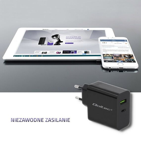 Qoltec 51717 Charger | 45W | 5-20V | 2.25-3A | USB type C PD | USB | Black - Travel Chargers - Smartphone Chargers - Techbox