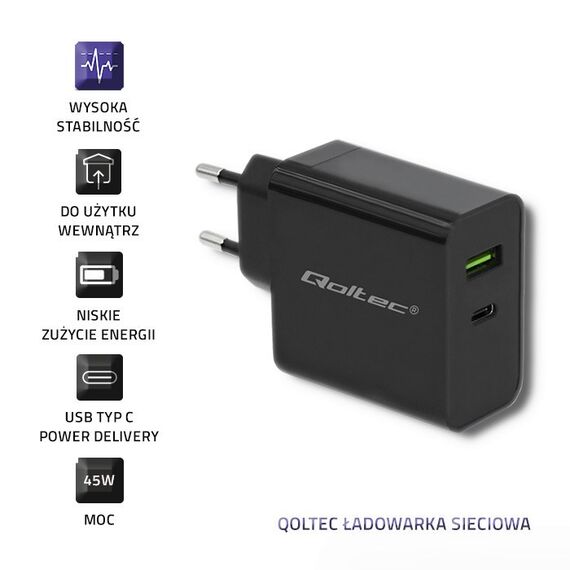 Qoltec 51717 Charger | 45W | 5-20V | 2.25-3A | USB type C PD | USB | Black - Travel Chargers - Smartphone Chargers - Techbox