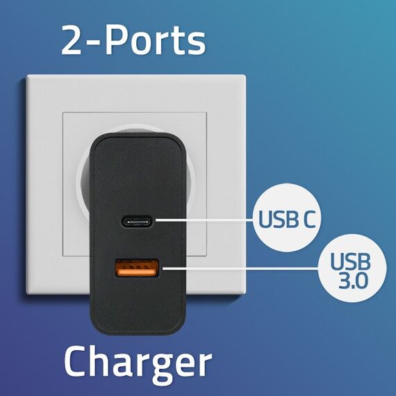 Qoltec 52380 Super Quick PD Charger | 1xUSB-C | 1xUSB | 65W | 5-20V | 1.5-3.25A | Black | Techbox