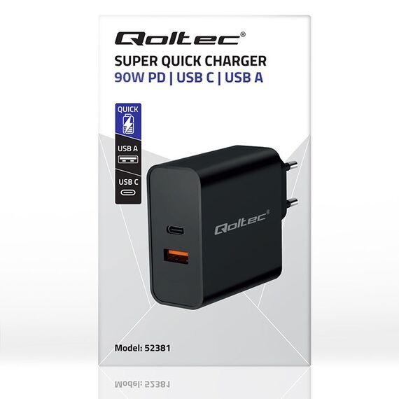 Qoltec 52381 Super Quick PD charger | 1xUSB-C | 1xUSB| 90W | 5-20V | 2.4-4.35A | Black | Techbox