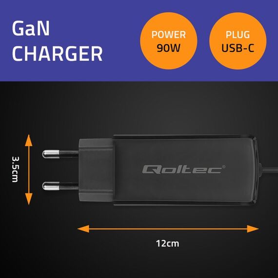 Qoltec 52420 90W GaN Super Fast Charger| 5-20V | 3-4.5A | USB-C 3.1 | Techbox