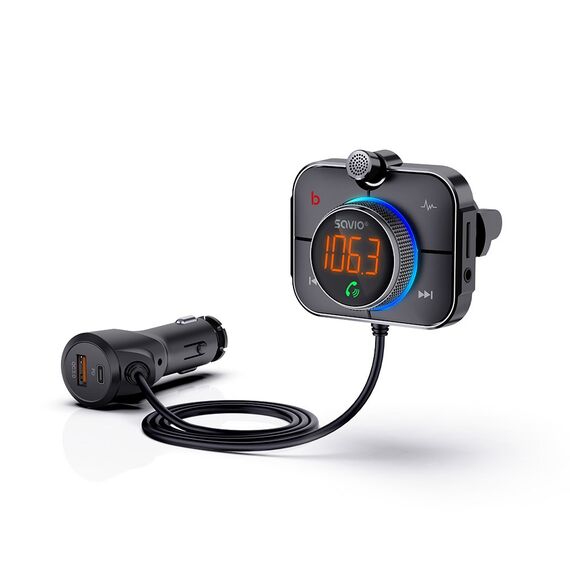 Savio TR-14 Transmiter FM z Bluetooth i ładowarką PD 87.6 - 107.9 MHz Bluetooth/USB Black | Techbox