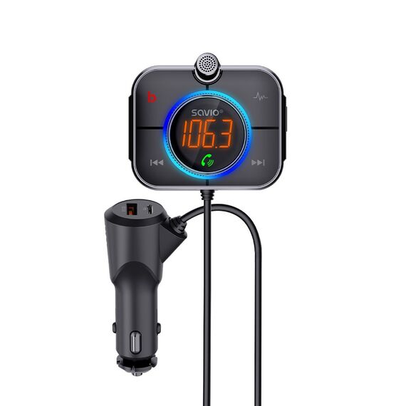Savio TR-14 Transmiter FM z Bluetooth i ładowarką PD 87.6 - 107.9 MHz Bluetooth/USB Black | Techbox