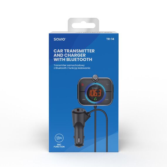 Savio TR-14 Transmiter FM z Bluetooth i ładowarką PD 87.6 - 107.9 MHz Bluetooth/USB Black | Techbox