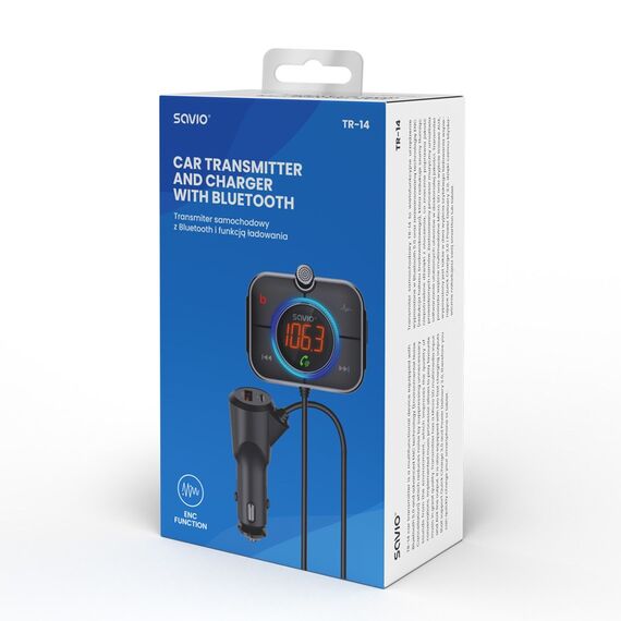 Savio TR-14 Transmiter FM z Bluetooth i ładowarką PD 87.6 - 107.9 MHz Bluetooth/USB Black | Techbox