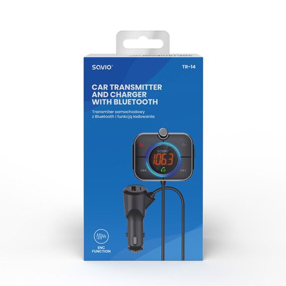Savio TR-14 Transmiter FM z Bluetooth i ładowarką PD 87.6 - 107.9 MHz Bluetooth/USB Black | Techbox