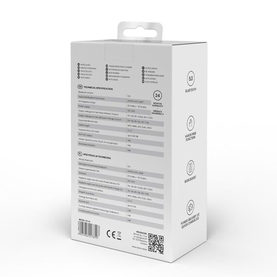 Savio TR-14 Transmiter FM z Bluetooth i ładowarką PD 87.6 - 107.9 MHz Bluetooth/USB Black | Techbox