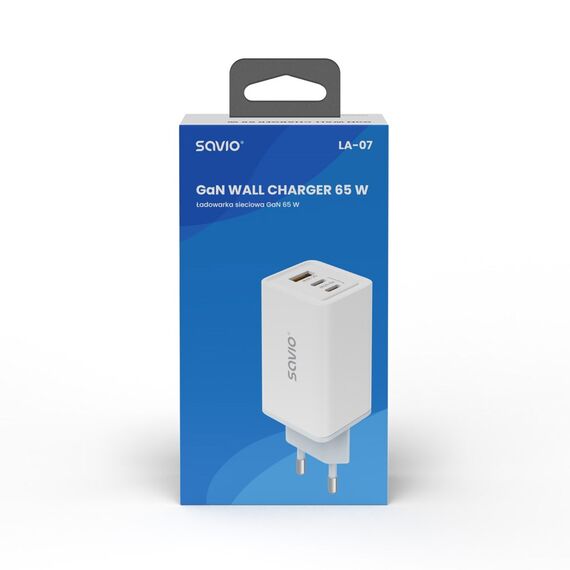 SAVIO LA-07 GaN 65W mains charger, USB, QC4.0+, PD 3.0, White | Techbox
