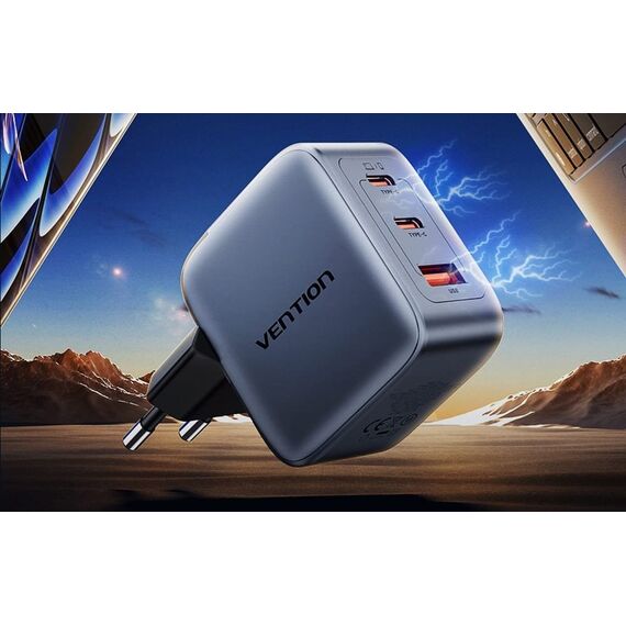 Vention 70W GaN PD Charger 1x USB-A 2x USB-C BK | Techbox