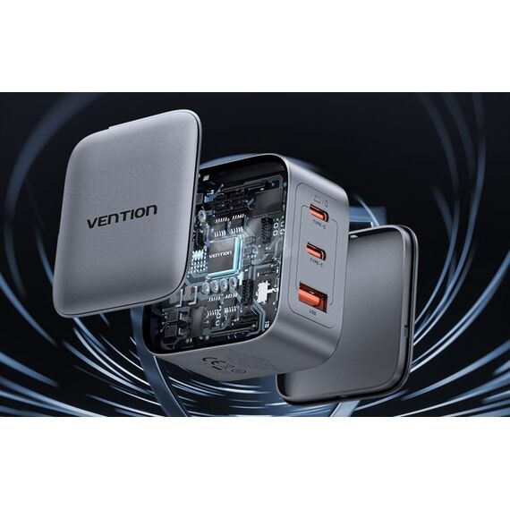 Vention 70W GaN PD Charger 1x USB-A 2x USB-C BK | Techbox