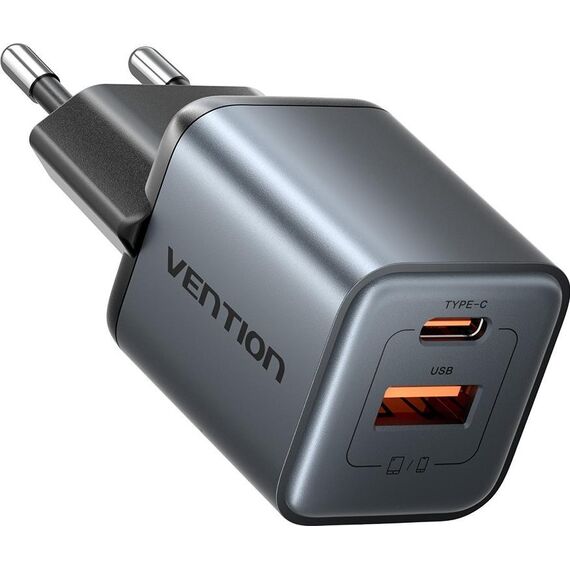Vention Charger 1x USB-A 1x USB-C GaN 30W BLACK - Travel Chargers - Smartphone Chargers - Techbox