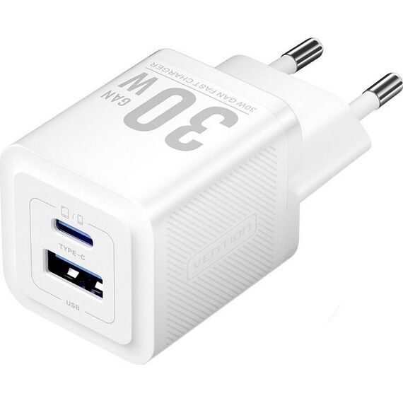 Vention Charger 1x USB-A 1x USB-C GaN 30W WHITE - Travel Chargers - Smartphone Chargers - Techbox