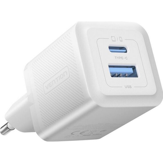 Vention Charger 1x USB-A 1x USB-C GaN 30W WHITE - Travel Chargers - Smartphone Chargers - Techbox