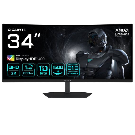 GIGABYTE G34WQC2 34” WQHD Curved Gaming Monitor - 3440 x 1440, 1500R, 200Hz, 1ms, 450 cd/m2, AMD FreeSync Premium, DisplayHDR 400, HDMI 2.0, Displayport 1.4 | Techbox