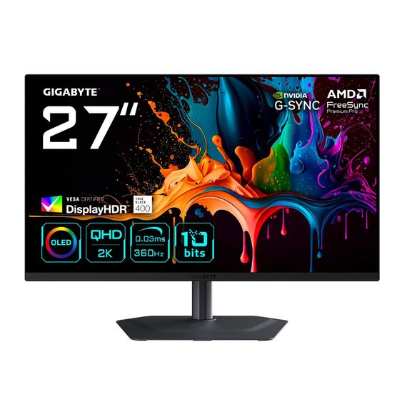 GIGABYTE MO27Q3 27” OLED QHD Gaming Monitor - 2560 x 1440, 360Hz, 0.03ms, 250 cd/m², G-Sync Compatible, FreeSync Premium Pro, Display HDR True Black 400, HDMI 2.1, Displayport 1.4 - Monitors - Monitors & Mounts - Techbox