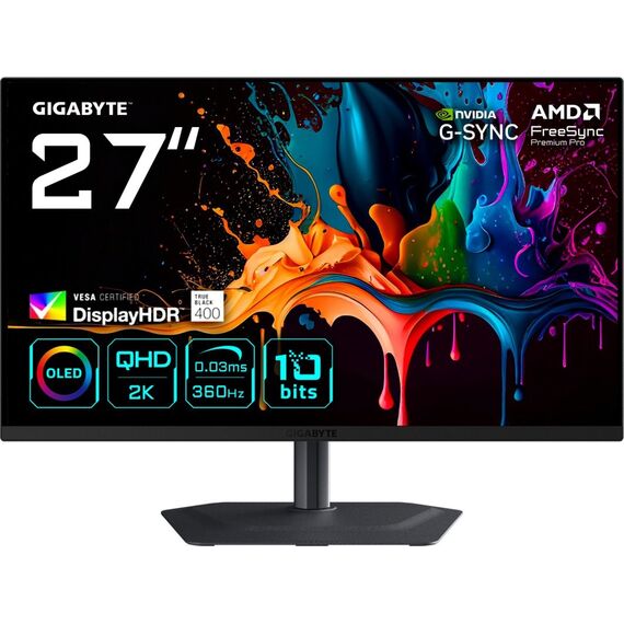 GIGABYTE MO27Q3 27” OLED QHD Gaming Monitor - 2560 x 1440, 360Hz, 0.03ms, 250 cd/m², G-Sync Compatible, FreeSync Premium Pro, Display HDR True Black 400, HDMI 2.1, Displayport 1.4 - Monitors - Monitors & Mounts - Techbox