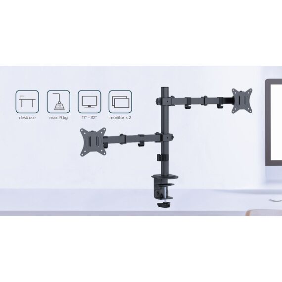 Gembird MA-D2-03 Adjustable desk mounted double monitor arm, 17”-32”, black - Stands & Accessories - Monitors & Mounts - Techbox