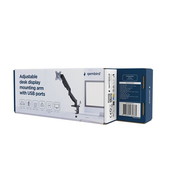 Gembird MA-DA1U-01 Adjustable desk display mounting arm with USB ports, 17”-32”, black | Techbox