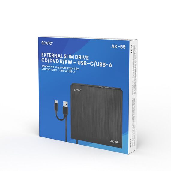 SAVIO AK-59 External slim CD/DVD Recorder R/RW - USB-C/USB-A, black | Techbox