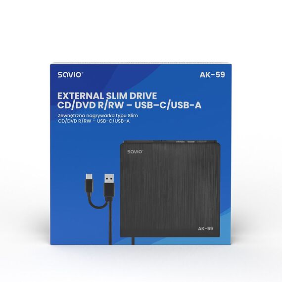 SAVIO AK-59 External slim CD/DVD Recorder R/RW - USB-C/USB-A, black | Techbox
