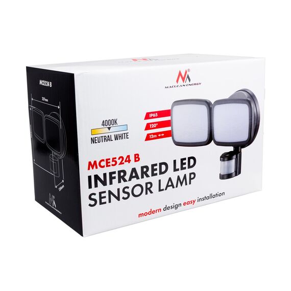 Maclean LED wall lamp, with PIR sensor, 20W, 1500lm, IP65, neutral white 4000K, black, MCE524 B - Solar Lights - Lighting - Techbox