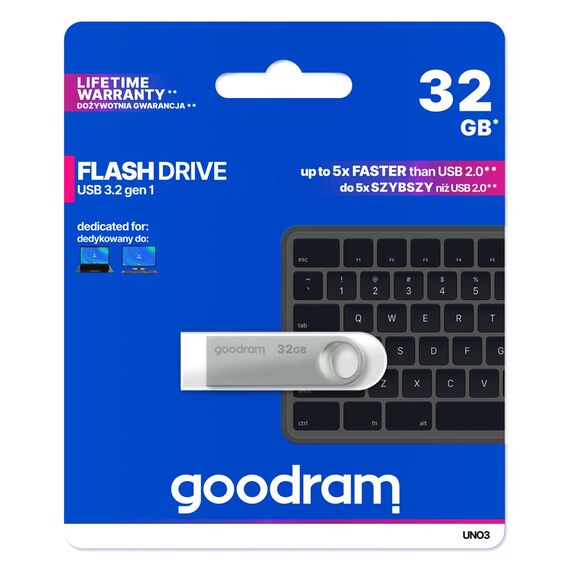 Goodram USB UNO3-0320S0R11 USB flash drive 32 GB USB Type-A 3.2 Gen 1 (3.1 Gen 1) Silver - USB Sticks - Peripherals - Techbox