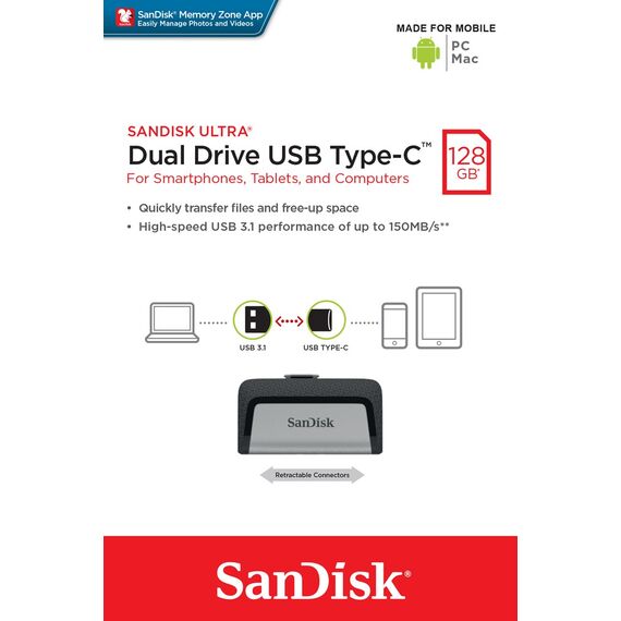Sandisk Ultra Dual Drive USB Type-C USB flash drive 128 GB USB Type-A / USB Type-C 3.2 Gen 1 (3.1 Gen 1) Black,Silver - USB Sticks - Peripherals - Techbox