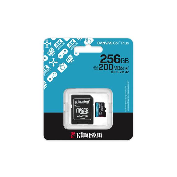 Kingston Technology 256GB microSDXC Canvas Go Plus Gen4 200MB/s A2 U3 V30 Card + Adapter - Memory Cards - Smartphones - Techbox