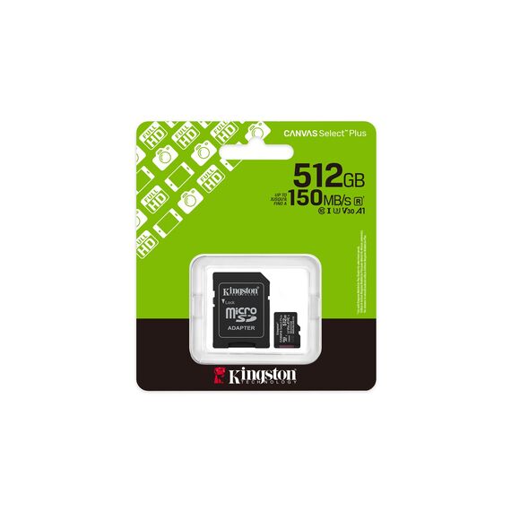 Kingston Technology 512GB microSDXC Canvas Select Plus Gen3 150MB/s A1 Card + Adapter - Memory Cards - Smartphones - Techbox
