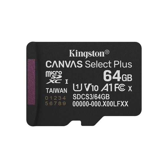 Kingston Technology 64GB microSDXC Canvas Select Plus Gen3 100MB/s A1 Card + Adapter - Memory Cards - Smartphones - Techbox