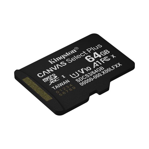 Kingston Technology 64GB microSDXC Canvas Select Plus Gen3 100MB/s A1 Card + Adapter - Memory Cards - Smartphones - Techbox