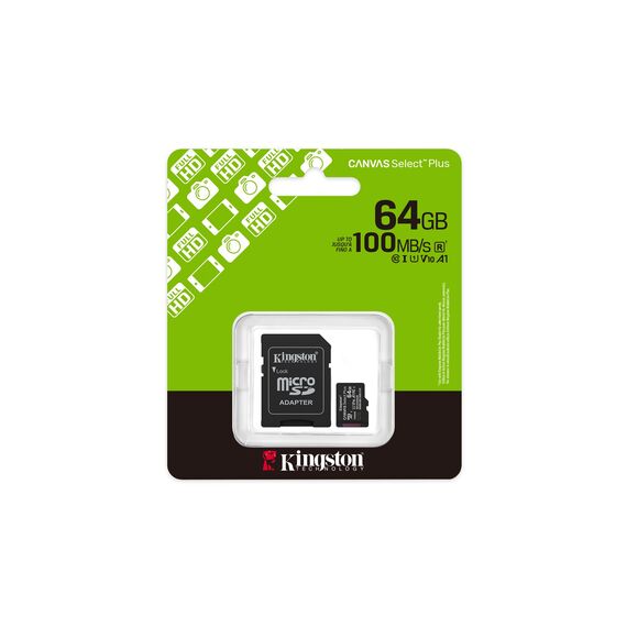 Kingston Technology 64GB microSDXC Canvas Select Plus Gen3 100MB/s A1 Card + Adapter - Memory Cards - Smartphones - Techbox