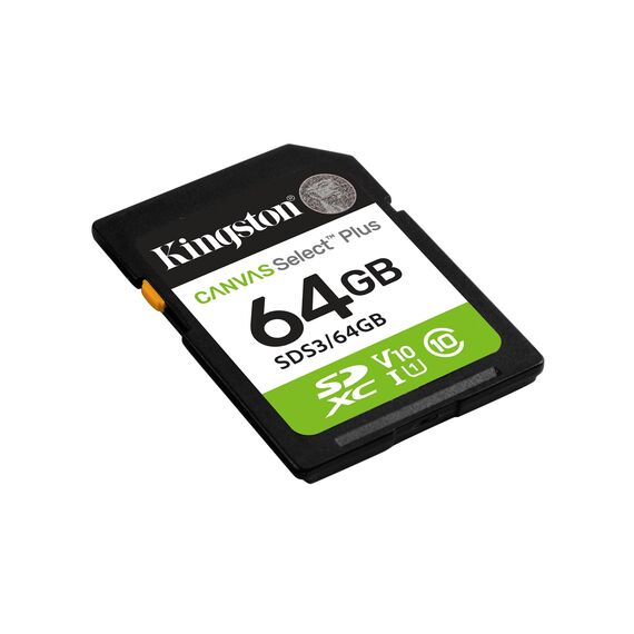 Kingston Technology 64GB SDXC Canvas Select Plus Gen3 100MB/s C10 UHS-I U1 V10 - Memory Cards - Smartphones - Techbox
