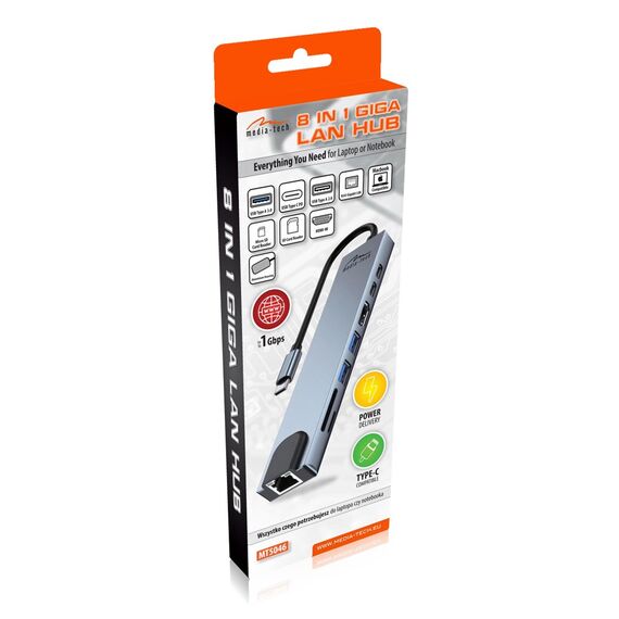 MEDIA-TECH USB HUB 8 IN 1 GIGA LAN HUB MT5046 | Techbox