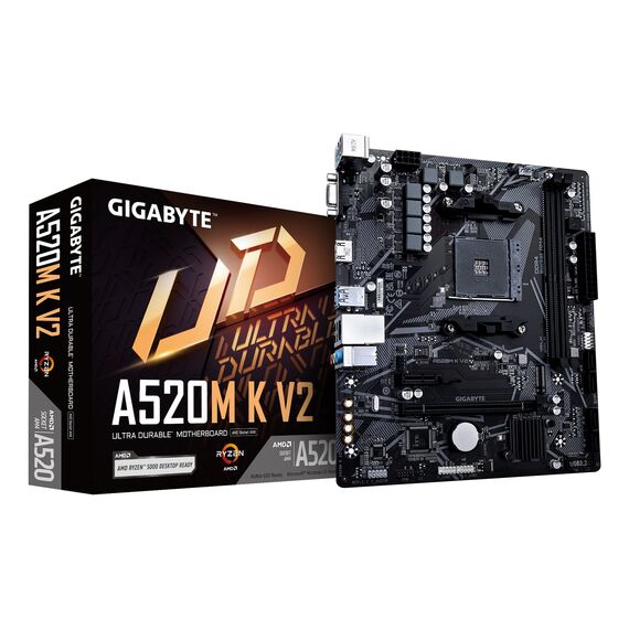 GIGABYTE A520M K V2 Motherboard - Supports AMD Ryzen 5000 Series AM4 CPUs, up to 5100MHz DDR4 (OC), PCIe Gen3 x4 M.2, GbE LAN, USB 3.2 Gen 1 | Techbox