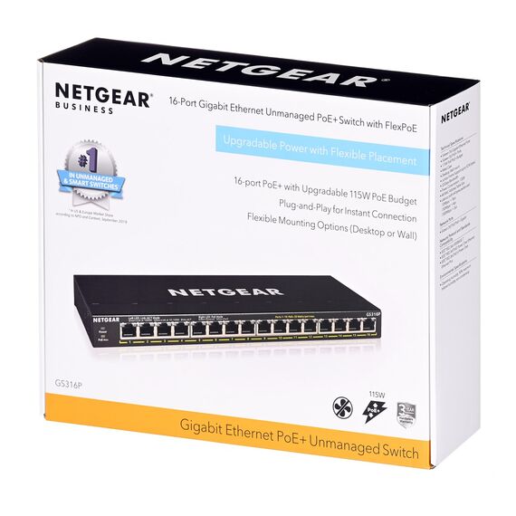 NETGEAR GS316P Unmanaged Gigabit Ethernet (10/100/1000) Power over Ethernet (PoE) Black - Switches - Network Devices - Techbox