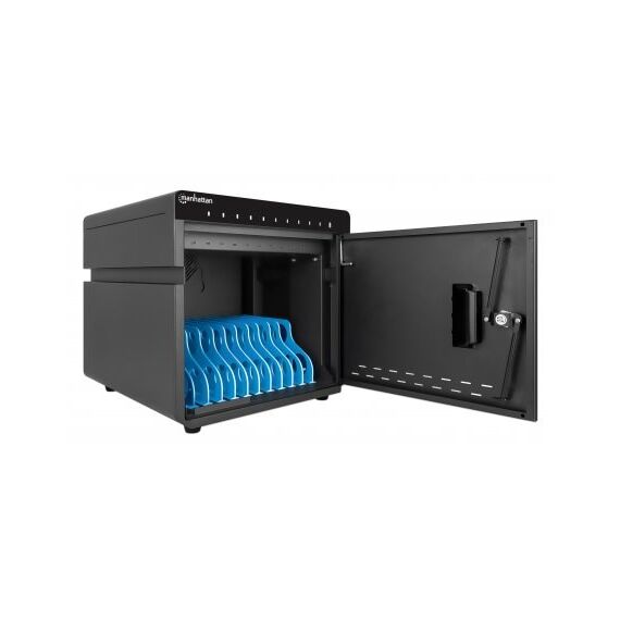 Manhattan iPad to 11" 10-bay Charging Cabinet Desktop via USB-C, Also other tablets and smartphones (with device to USB-C cable), Bays 264x22x235mm, Device charging cables not included (suggest USB-C cable 354868), Cart, Lockable, EU/UK power cords - Travel Chargers - Smartphone Chargers - Techbox