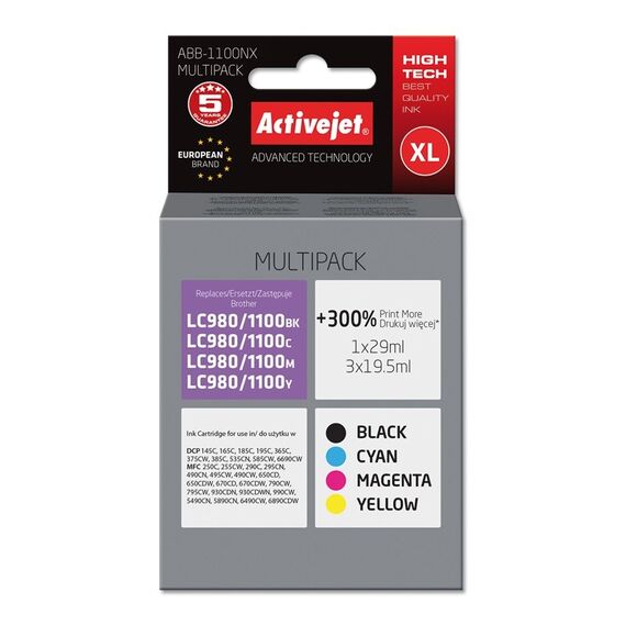 Activejet ABB-1100NX Ink (replacement for Brother LC1100/980; Supreme; 1 x 29 ml, 3 x 19.5 ml; black, magenta, cyan, yellow) | Techbox