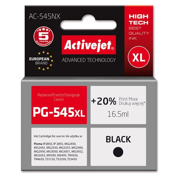 Activejet AC-545NX Printer Ink for Canon, Replacement Canon PG-545XL; Supreme; 16,5ml; Black - Compatible Inks - Inks - Techbox
